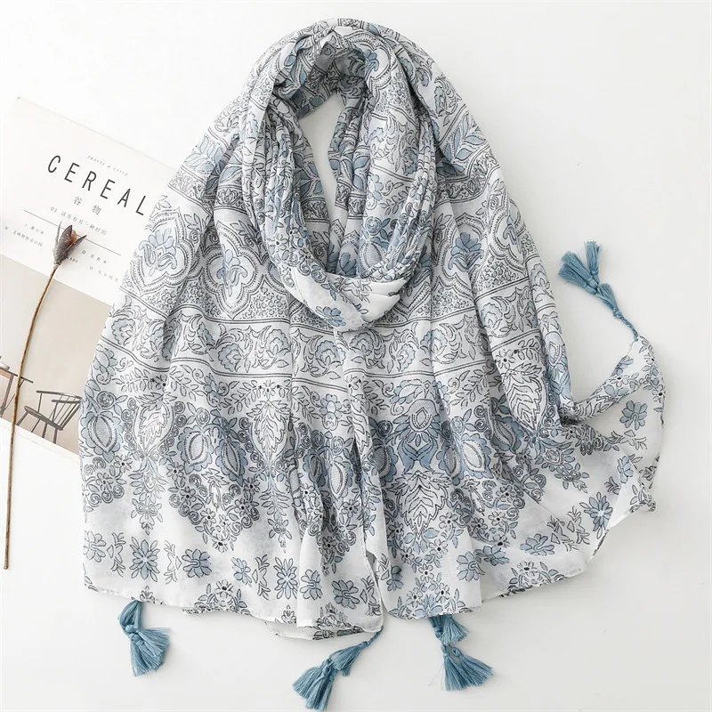 

Cotton and Linen Feel Scarf Retro Ethnic Style Blue Gray Small Flower Tassel Scarf Shawl for Women