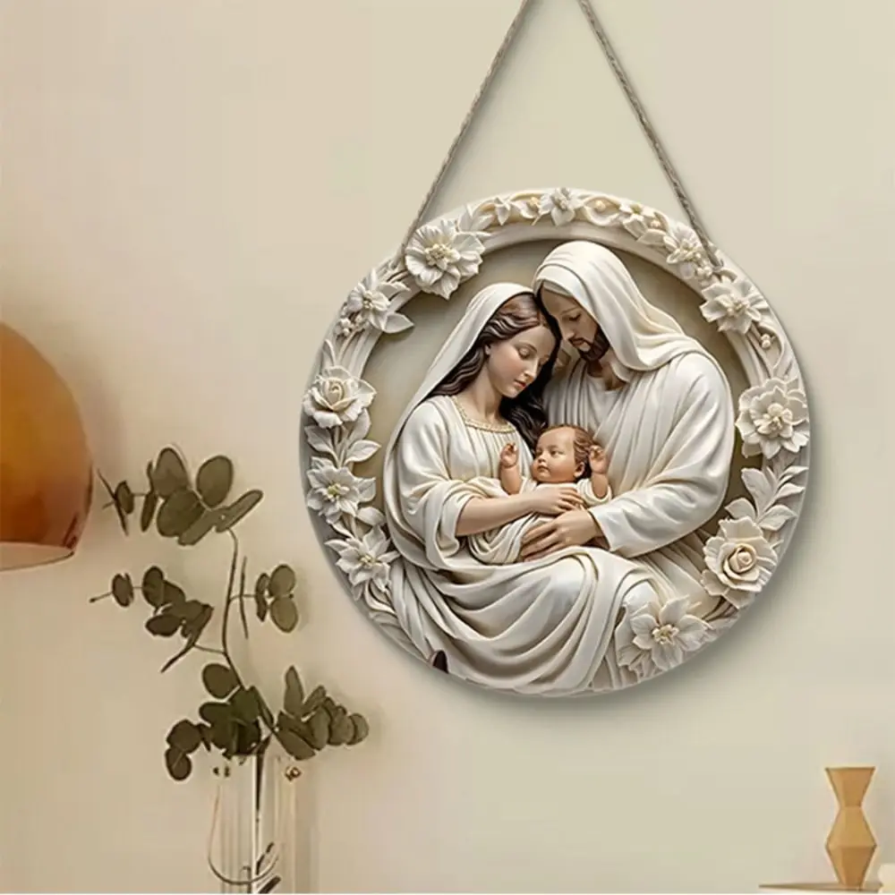 Colgante de nacimiento de Jesús plano 2D para fiesta, redondo de madera, decoración Ideal de Navidad, efecto en relieve, adornos de decoración de escenas de Natividad