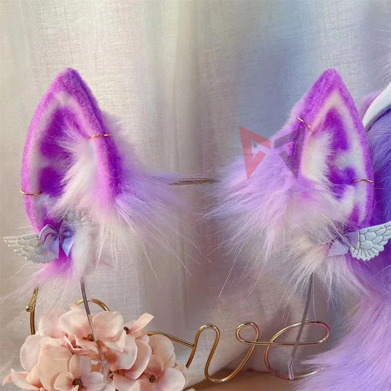 Hechos a mano nuevos, trabajo, orejas de zorro púrpura, aro para el pelo, collar de cola, pendientes, Cosplay, Carnaval, gótico, accesorios de Lolita, tocados