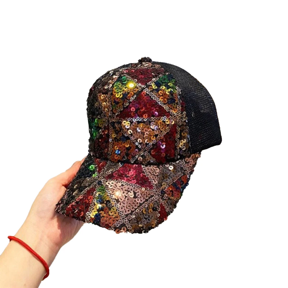 Fashion New Baseball Hat Sparkly One Size Unisex Adjustable All Seasons Bling Breathable Cap Mesh Ponytail Rhinestone