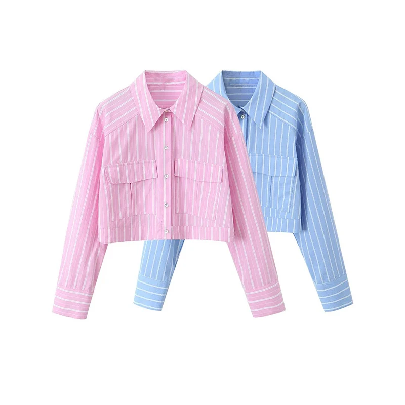 UETEEY Women Fashion With Pockets Striped Single Breasted Blouse Vintage Lapel Neck Long Sleeves Female Chic Lady Shirts