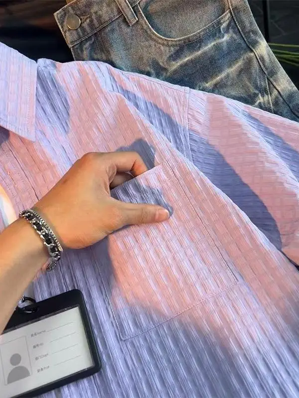 Light Purple Bubble Shirt Men's Short Sleeve Summer Lightweight Breathable Lazy Style High Quality Couple Half Sleeve Shirt