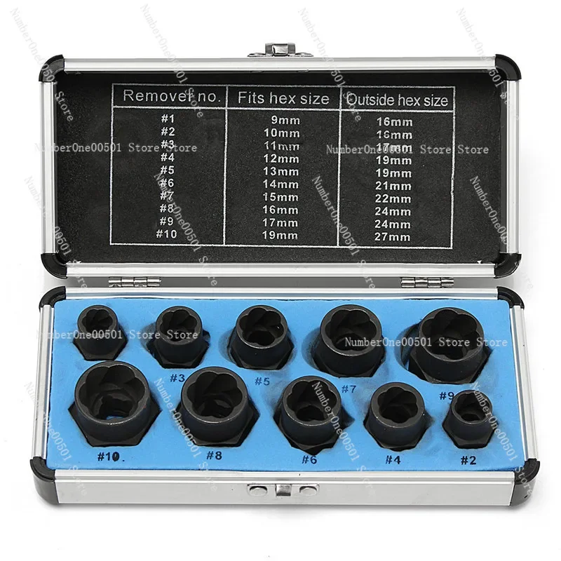 Damaged Bolt & Nut Extractor Car Garage Mechanics Equipment Household Hand Tool Kit 9-19mm 10pcs