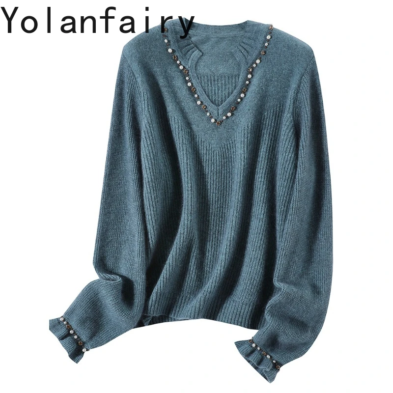 

YOLANFAIRY 35% кашемир, 15% шерсти, пуловер для женщин, осень-зима, вязаные свитера с бисером, свободные топы с длинными рукавами, винтажный свитер