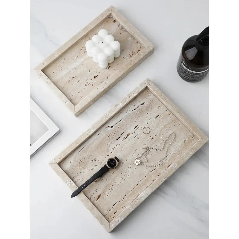 Minimalism Marble Tray for Perfume Candles Jewelry Travertine Stone Vanity Tray for Dresser Countertop Coffee Table Serving