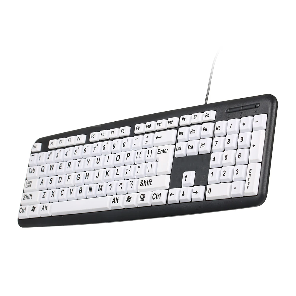 107 Keys USB Wired Keyboard for Low Vision Users with Large White Keys Black Letters for Old Men Computer Peripheral Accessories