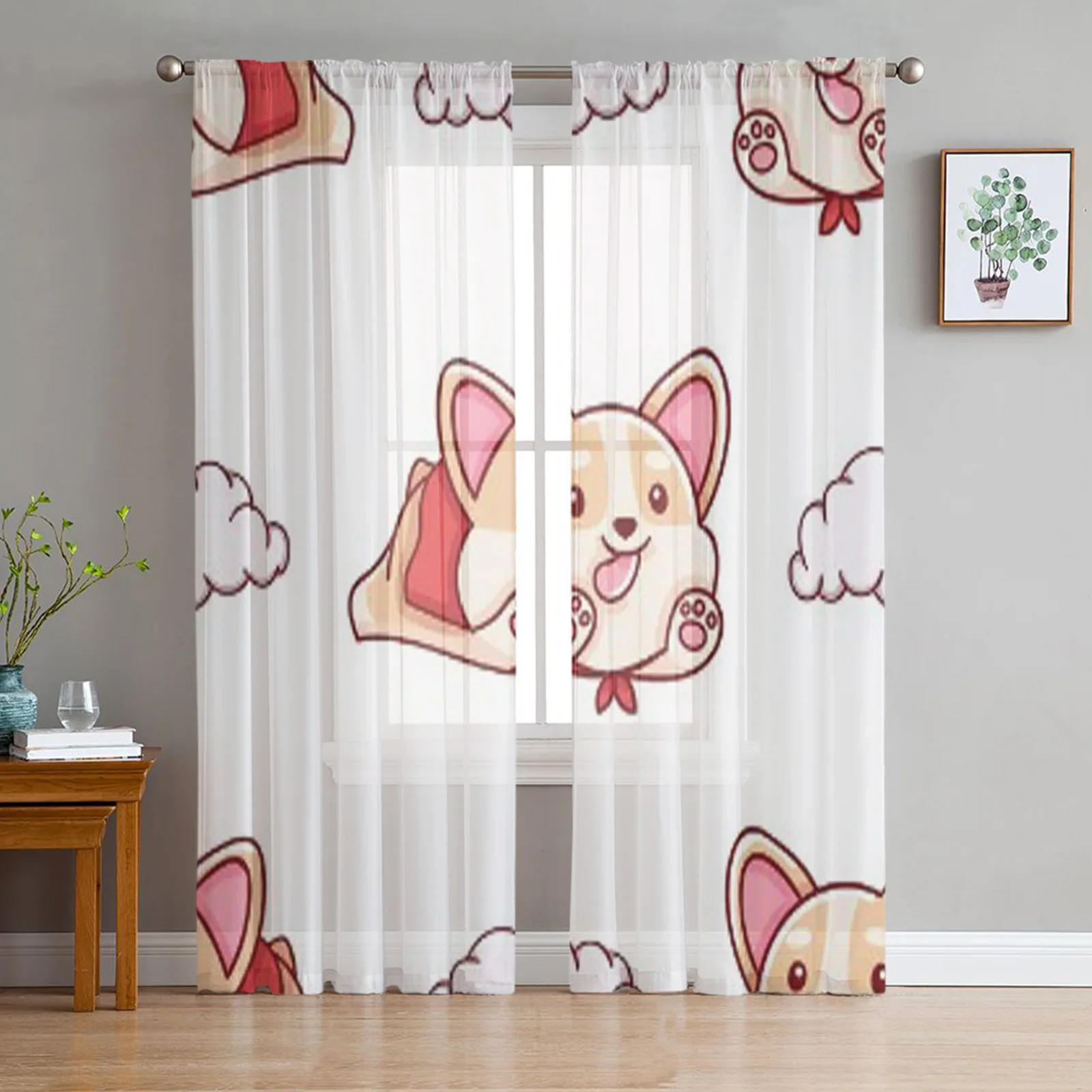 Cute Kawaii Corgi Doodles Print Bay Window Screening Curtains Drape Sheer Tulle For Living Room Bedroom Voile Organza Curtains