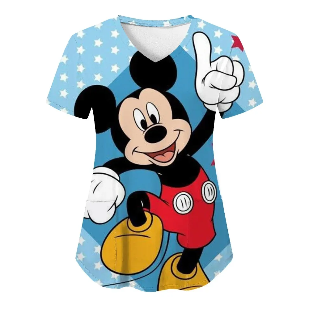 

Футболка Miniso, топ с v-образным вырезом, женские рубашки Disney 2025 года, женская одежда с карманами, больничные футболки, топы с Минни Маус, униформа медсестры с Микки