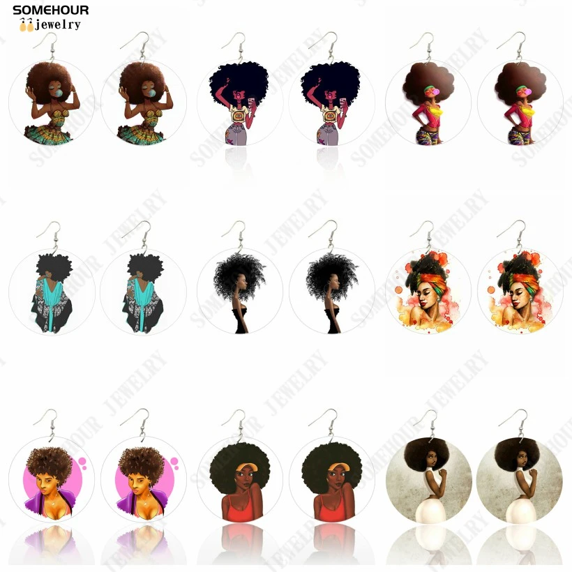 SOMEHOUR Afro pelo Natural rizado mujer pendientes colgantes de madera negro burbuja chica estampado bucles de madera cuelgan joyería para regalos de mujer