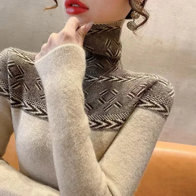 Women\'s Jumper Turtleneck Slim Vintage Sweaters Spring Long Sleeve Fashion 2024 Inside Basic Knitted Pullovers L327