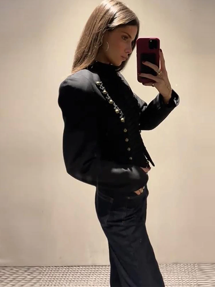 Chaqueta de Primavera para Mujer, Blazer Corto Estilo Militar, Ribete de Cordón Trenzado, Botones Dorados, Hombros Acolchados, Ropa de Mujer