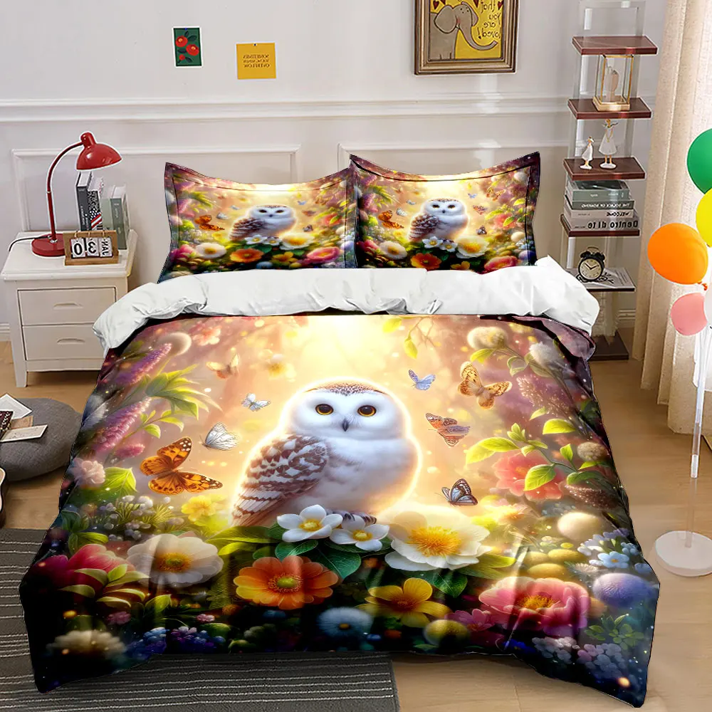 White Owl in Fantasy Garden Duvet Cover Set with 3D Printing Design Soft Polyester Bedding Set All-Season Comfort for gifts