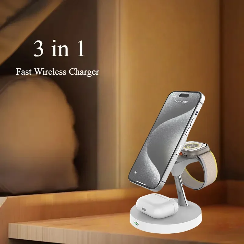 شاحن لاسلكي مغناطيسي 3 في 1 حامل قابل للتعديل لهاتف iPhone 17 16 15 14 Pro Max iWatch 10 9 8 AirPods Pro محطة شحن سريعة #1