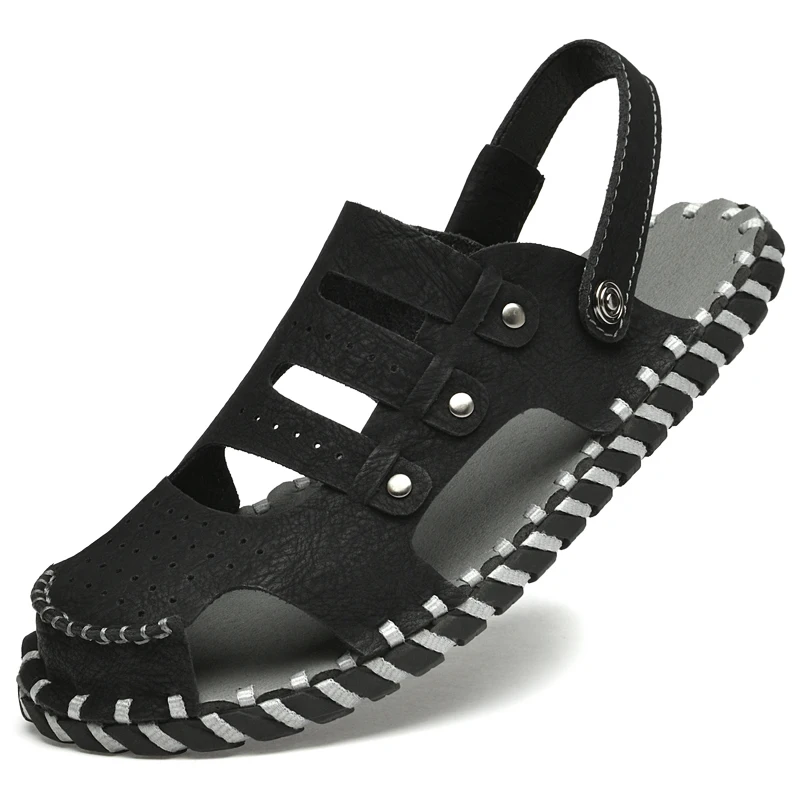 

Мужские кожаные сандалии ручной работы, черные босоножки, модные тапочки, большие размеры 38-46, лето 2023