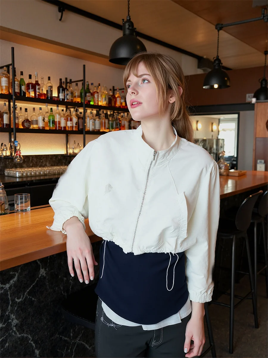 

Cropped Pleated Zipper Jackets Coats Woman Demi-Season Jacket For Women Summer Splicing Aviation Riding Gentlewoman Youthful Y2K