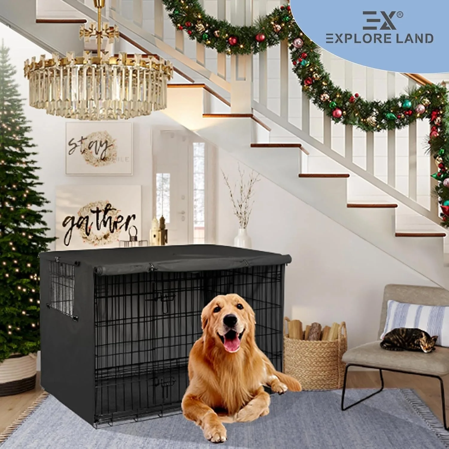 Explore Land Hunde-Kistenabdeckung, robuster Polyester-Haustierhütten-Sonnenschutz, universell passend für 42-Zoll-Drahtkäfig (schwarz)