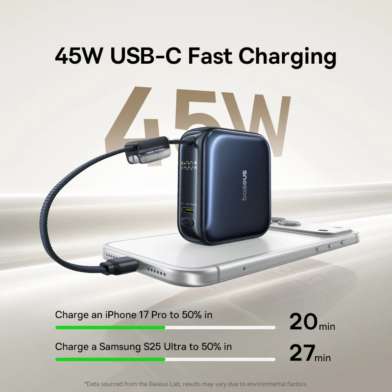 Baseus 45W Mini Power Bank 10000mAh Built-In USB-C Cable Pocket-Sized Smaller Fast Charging Portable For iPhone 17 Samsung S25 썸네일 3