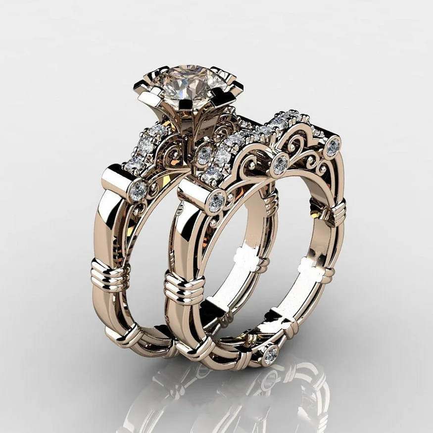 Vintage Flower Ring sets Gold Filled Filled AAAAA cz Promise Wedding Band Rings for Women Bridal Finger Party Jewelry