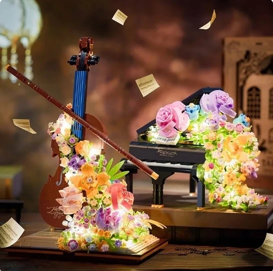 Creative Piano Violin Building Block DIY Mini Musical Instrument Eternal Flower Assembly Model Decoration Children Birthday Gift