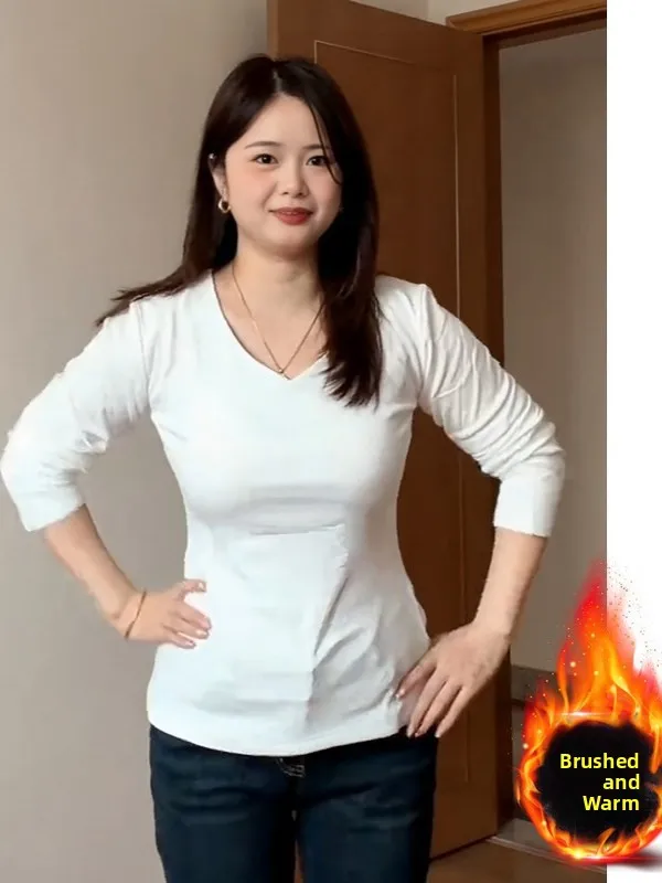 

plus Size Fce Lined Thi V Ne Base irt T irt Autumn Winter New Sle Faionable Versatile Long Sve Women's Top