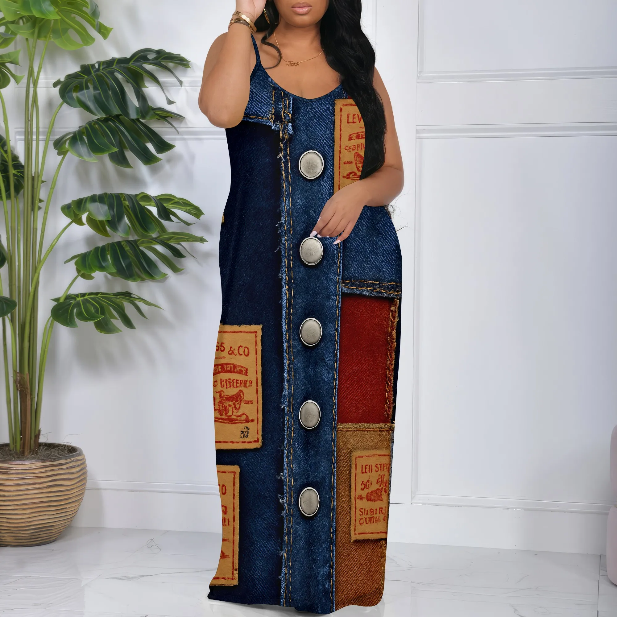 

Nupusa Denim - Inspired Print Dress, Standard Size, Sleeveless, Pockets Included, Fashionable Maxi Dress