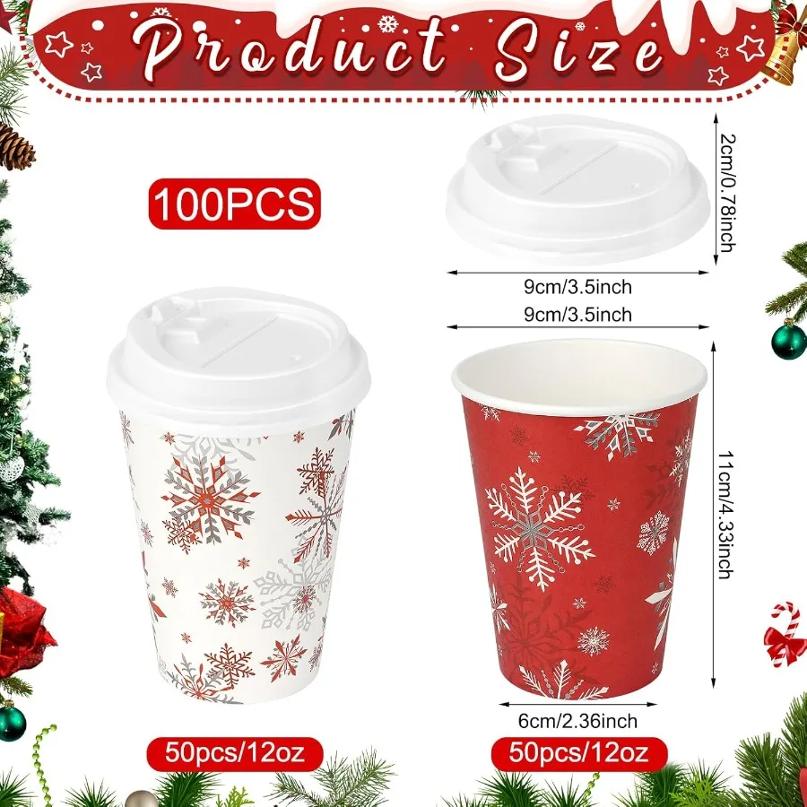100Set Christmas Paper Cups with Lids 12oz Bulk Disposable Winter Red Snowflake Cups for Hot Chocolate Cold Drinks Ideal Holida