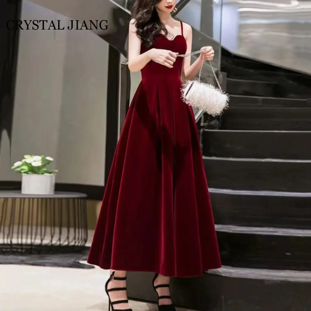 

Sexy Long Burgundy Spaghetti Straps Velvet Evening Dresses Sleeveless Backless A Line Tea Length Vestidos Fiesta Noche Largo