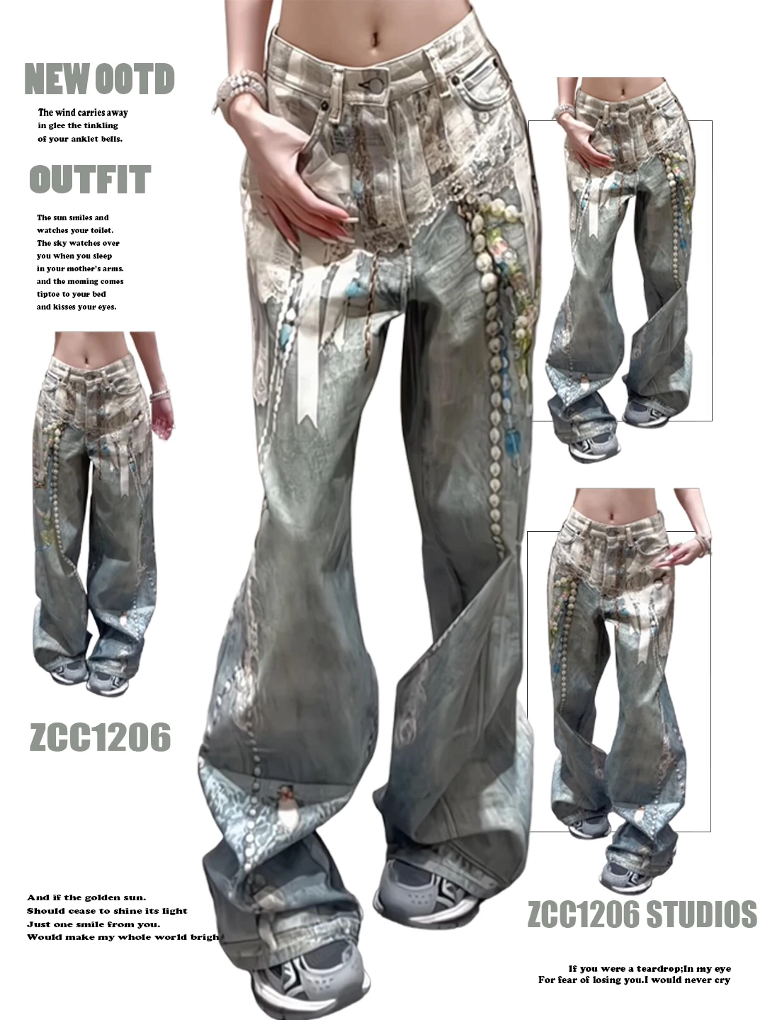 

Retro American Y2K Pearl Print Straight Leg Wide Leg Jeans Men's Women's Design Sensation Floor-Length Trousers Trendy
