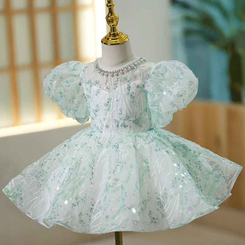 2023 Elegant Wedding Kids Formal Occasion Dress Mint Green for Little Girls Party Pageant Short Evening Gowns Luxury Eid Dresses