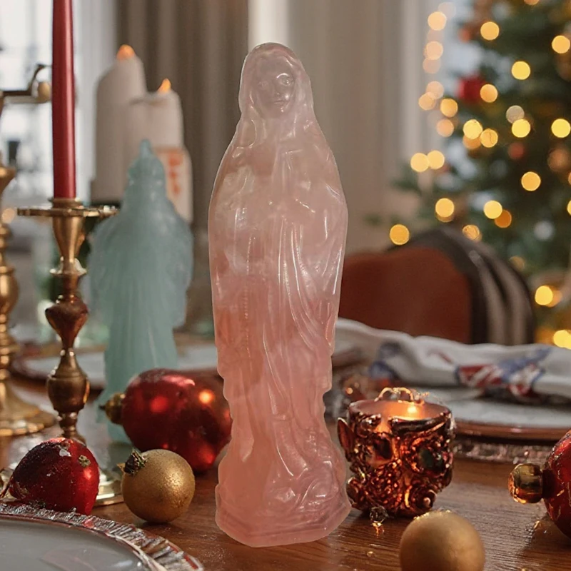 Hand Carved 18 to 20cm Natural Rose Quartz Crystal Virgin Mary Goddess Model Carving Ornament for Home Decoration Love Craft