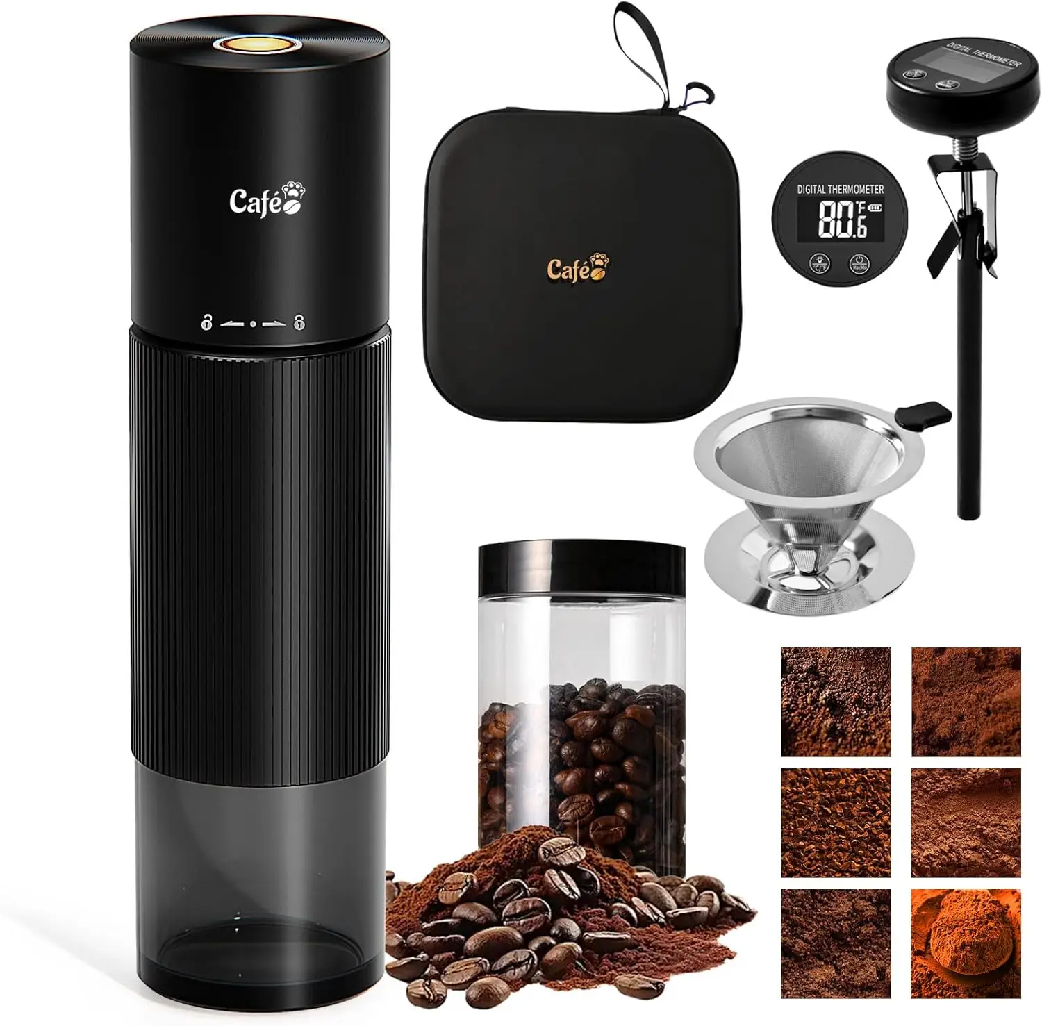 

4-in-1 Electric Burr Coffee Grinder with Digital Thermometer, Filter, Canister - Perfect for Camping, RV, Gifts