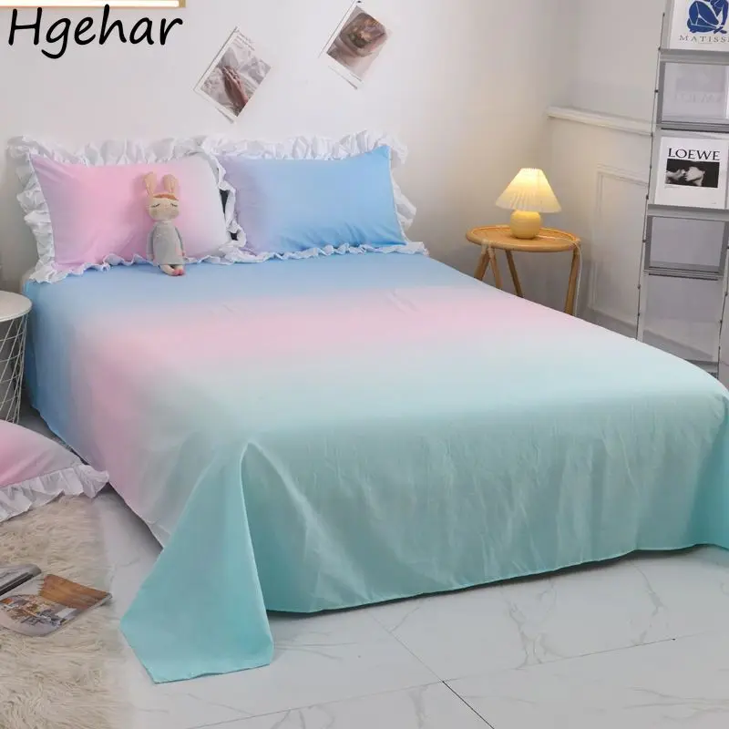 Flat Bed Sheets Gradient Color Sweet Twin Queen Full Size Skin-friendly Japan Style Bedspread Students Comfortable Plain Washed