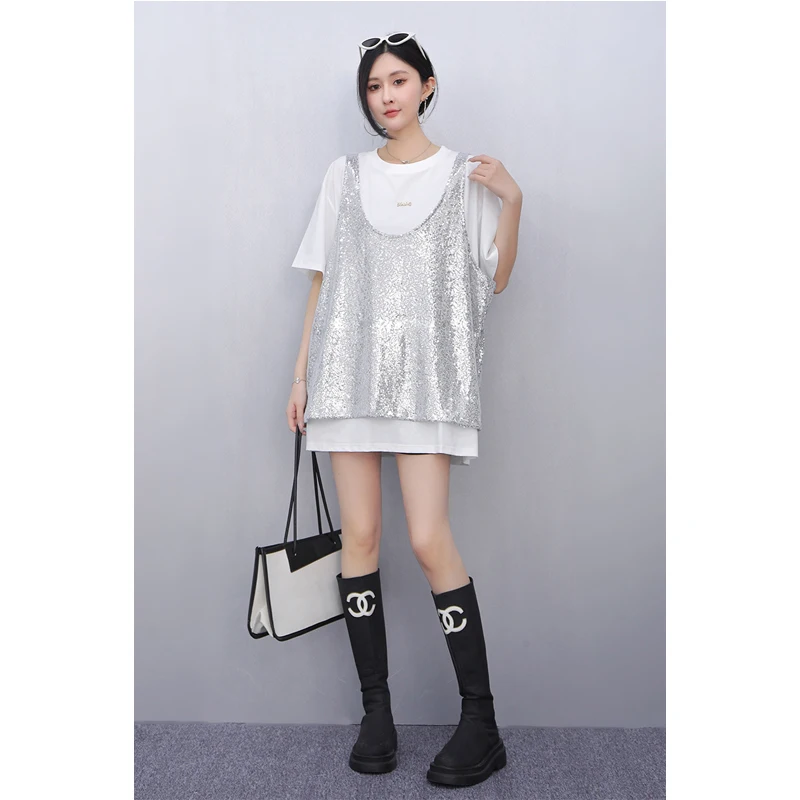 2025 verano nuevo estilo coreano moda mujer lentejuelas camisetas sueltas mujer manga corta Top al por mayor J991