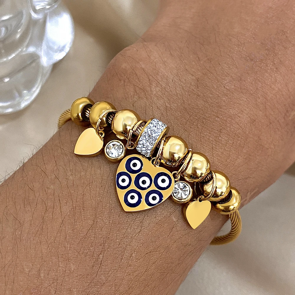 1pc Gold Color Evil Eyes Love Heart Blue Rhinestone Beads Charm Fit Bracelet for Women Men Beaded Jewelry DIY Making Jewelry image 5