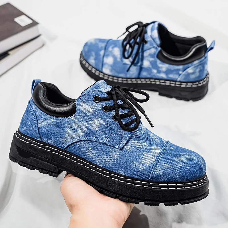 Men’s British Style Platform Denim Shoes Lace Up Outdoor Motorcycle Boots Retro Work Boots