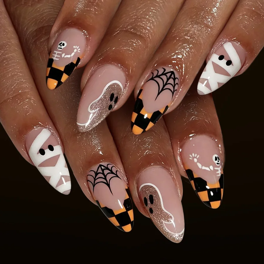 Halloween Acrylic Nails Press on Short Round Nail Tips Skull False Nails Halloween Press on Nails with Checkerboard Spider web