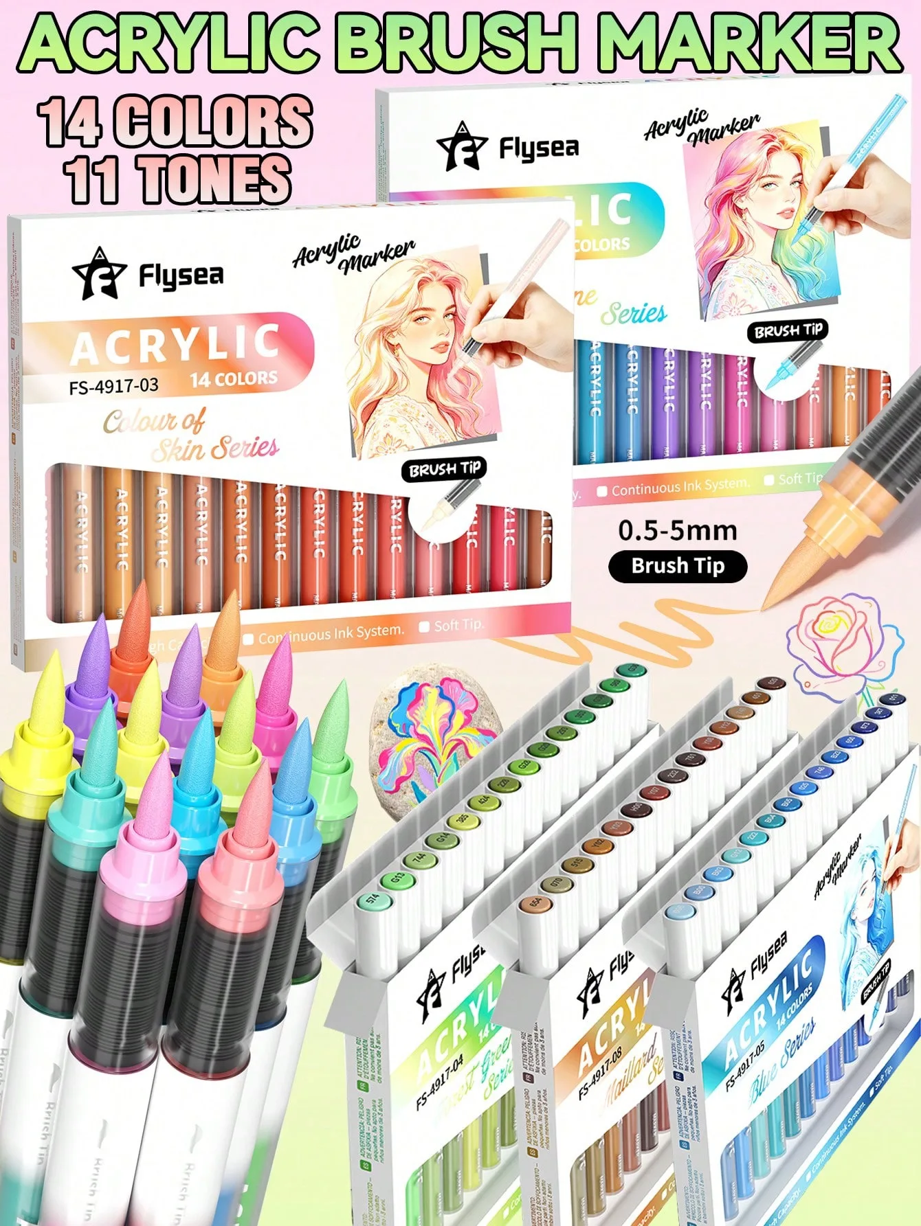 Flysea New 36/24/16/14 Colorful Acrylic Markers, Paint Markers, Writing and Drawing Pens, Acrylic Paint Markers, 0.5-5mm Tip, Stackable Colors, Strong Coverage, Felt-Tip Pen Stationery Set, Student Drawing and Anime Art Supplies, Non-Smudging Hand-Drawn Art Supplies for School and Art Studio, DIY Creation, School Art Supplies, Back-To-School Season.