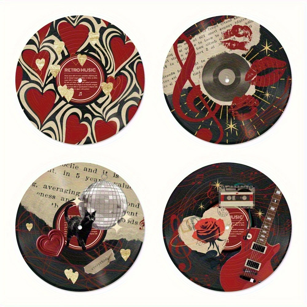 4Pcs Retro Music Vinyl Shaped Metal Tin Plaque Vintage Red Heart Rose Lip Disco Ball Guitar Print Round Iron Wall Sign Indoor