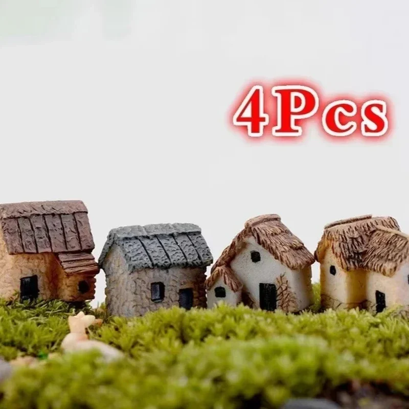 4Pcs House Miniature Figurine Fairy Garden Accessory Home Decoration Cartoon Animal Building Statue Resin Craft Doll Car