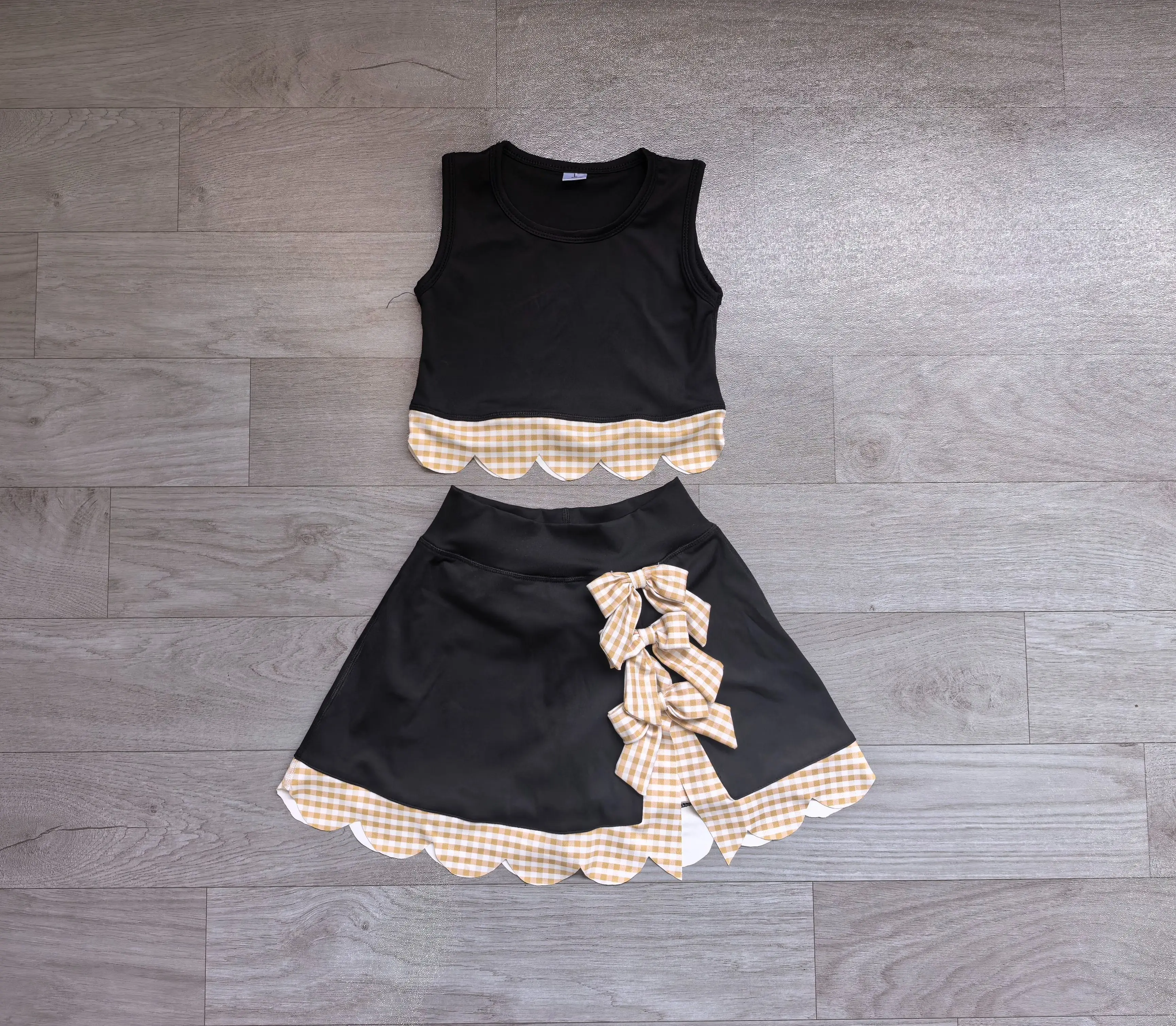 Wholesale Baby Girl Yoga Active Toddler Sleeveless Black Shirt Plaid Bows Skirt Shorts Kids Skort Set Athletic Summer Clothes