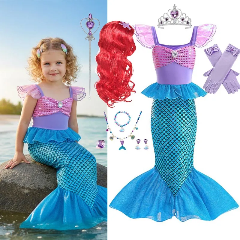 ليتل ميرميد حفلة عيد ميلاد ديزني فستان فتاة تأثيري حورية البحر زي كرنفال ملابس الاطفال تمويه ذيل السمكة فساتين حفلات #1