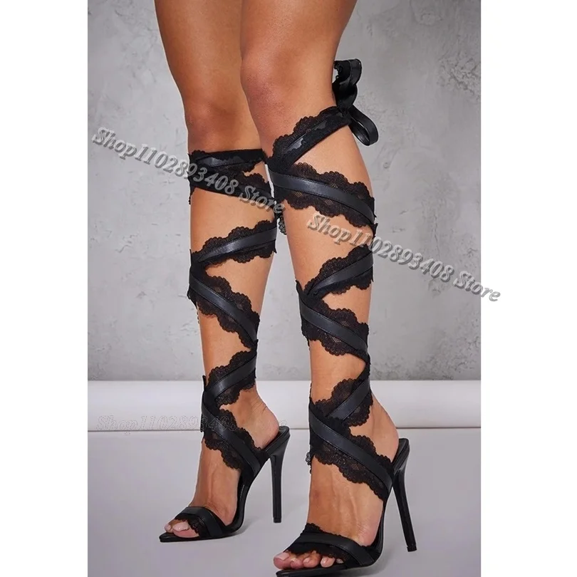 Black Ankle Strap Lace Trim Sandals Stiletto Heels Solid British Style for Women Casual Dress Sandals 2024 Zapatos Para Mujere