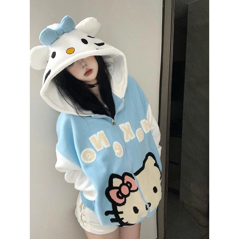 Sanrio Hello Kitty Lamb Fleece Hooded Sweatshirt Anime Cartoon Kitty Zipper Jacket Female Loose Winter Student Couple Sweater