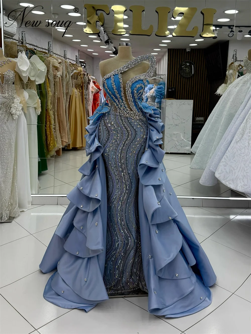 

Новейшие синие вечерние платья с бисером и съемной юбкой, арабские кристаллы Дубая, оборки, обручальные платья, индивидуальные платья для выпускного вечера