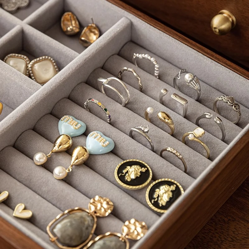 صندوق مجوهرات خشبي فاخر ريترو حلقة تخزين صناديق الزفاف سعة كبيرة عرض المجوهرات عرض الزجاج الشفاف #5