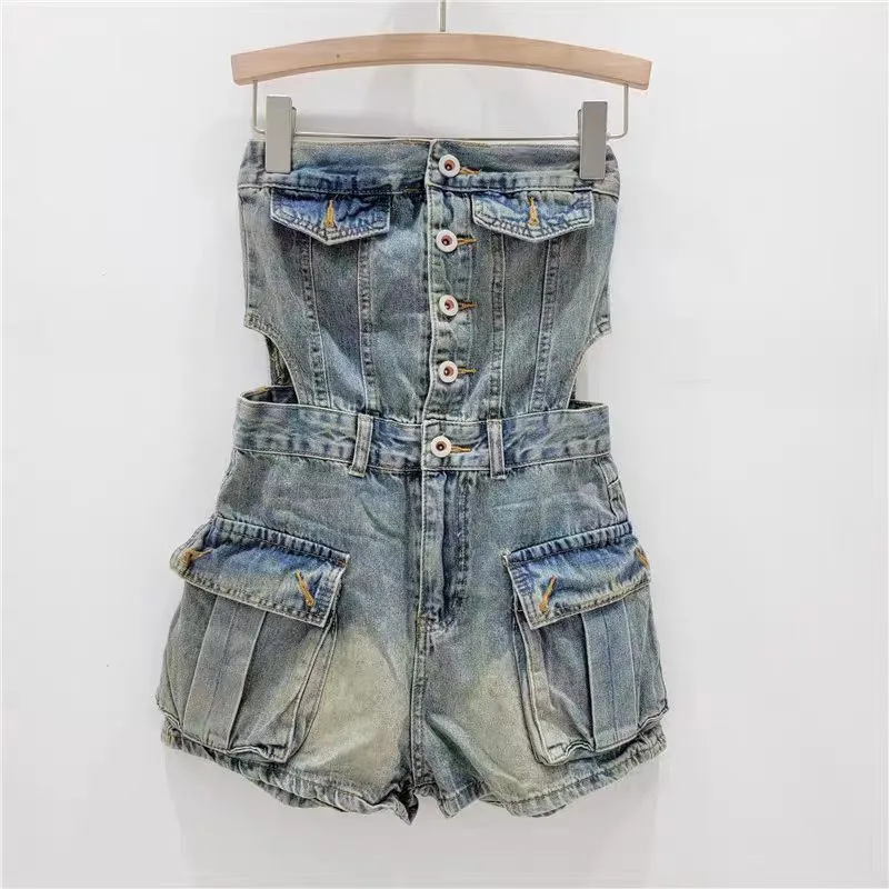 Combishort Cargo en Denim pour Femme, Sexy, Sans Bretelles, Dos aux, Amissié, Poches, Jean, Barboteuse, Streetwear Décontracté, Été