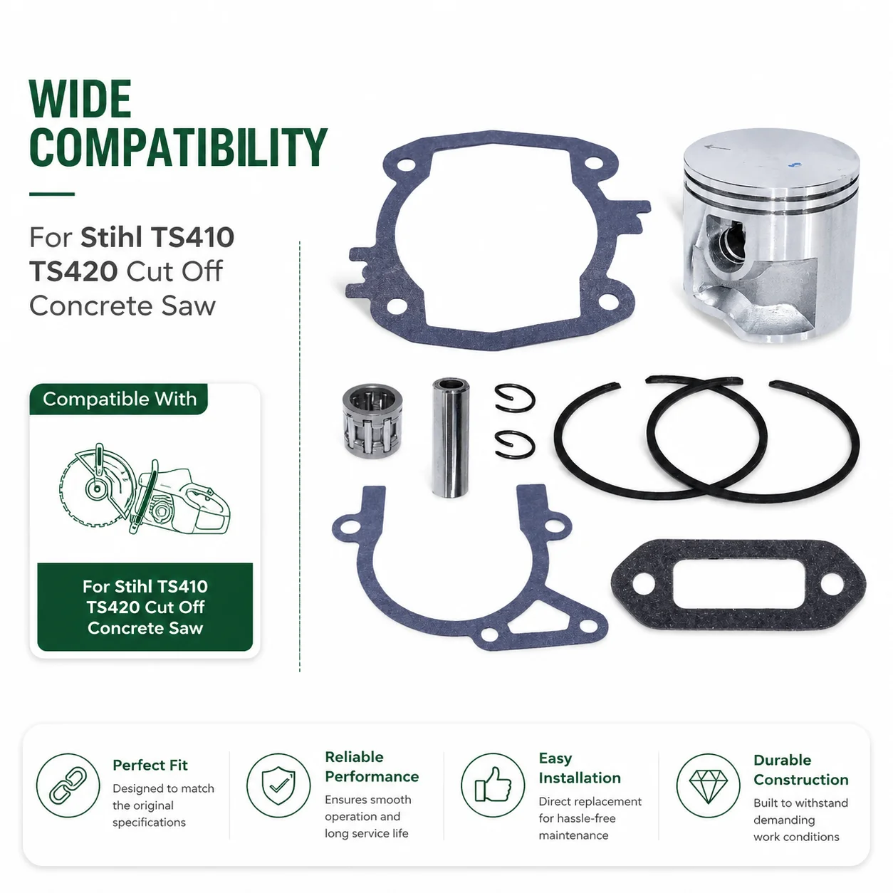 4238-030-2003 50mm Piston Kit For Stihl TS410 TS420 Concrete Cut-Off Saw Parts with Gasket Needle Bearing Oil Seal Replacement