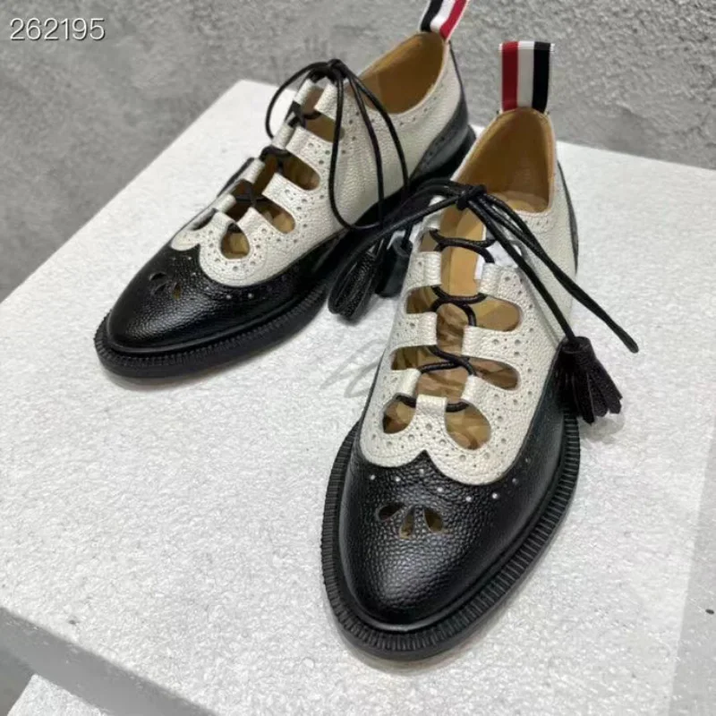 

Women's genuine leather loafers 2024 British style new lace up hollow round toe high-end cowhide neutral formal low heel shoes