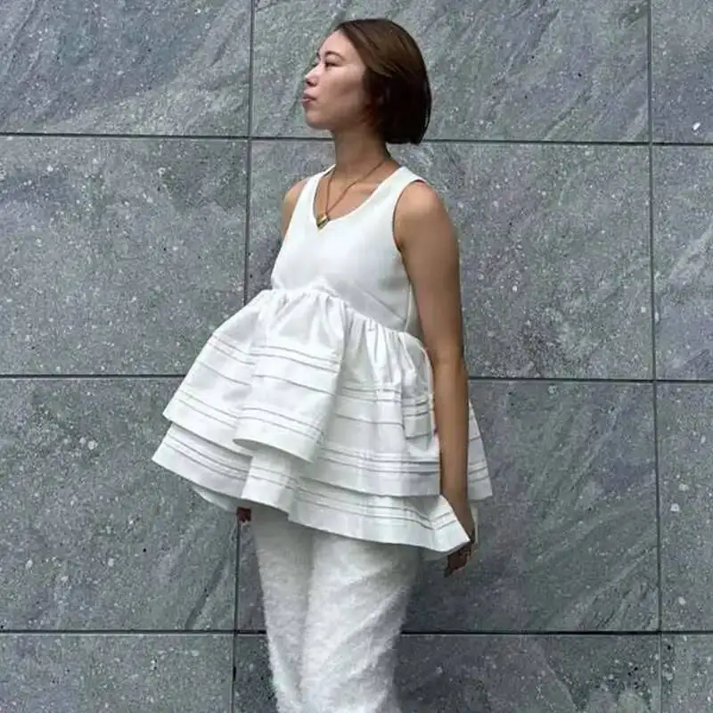 Fashion Curved Flower Bud Top Soft Sticky Cloud Vest Women's Round Neck Slim Patchwork Hem Tops New 7A97DW