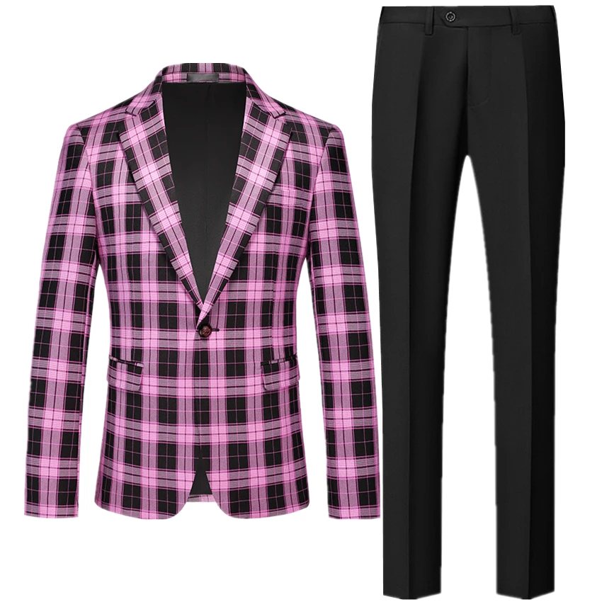 Men\'s Classic Plaid Suit, Slim Fit Dress Jacket with Black Pants,Asian Size, M-5XL,6XL,Men Sets, Fashion, 2 Pcs